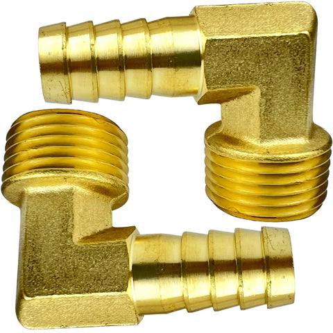 Two brass 90-degree hose barb elbows, 1/2-inch barb to 1/2-inch NPT male, front view.