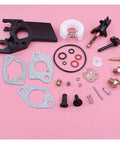 Carburetor Repair Kit For Honda GX110 GX120 GX140 GX160 And Lifan 168 Power Equipment Parts Plug And Play Replacement Set For Durable Performance Smooth Starts Reliable Engine Run Long Lasting., gasket and jet pieces on pink background