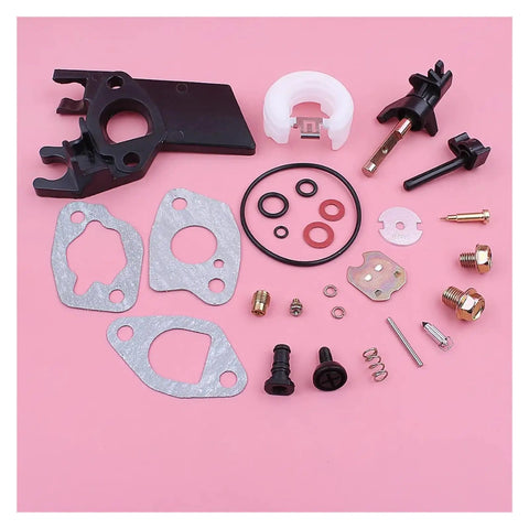 Carburetor Repair Kit For Honda GX110 GX120 GX140 GX160 And Lifan 168 Power Equipment Parts Plug And Play Replacement Set For Durable Performance Smooth Starts Reliable Engine Run Long Lasting., gasket and jet pieces on pink background