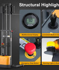 Rugged Heavy Duty Electric Lithium Pallet Stacker Cranks Up To 3300 Lbs With A Snappy 98 Inch Lift Height displaying control panel features.