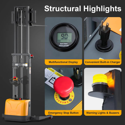 Top Tier Built Like A Tank Lithium Electric Pallet Stacker 3300 Pound Capacity 130 Inch High Reach Lift with control panel details.