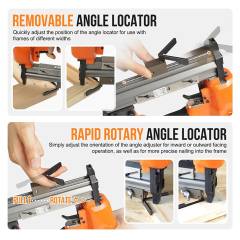 Pneumatic Picture Frame V Nailer in action, showing removable and rotary angle locators for 5/16 to 19/32 inch nails.