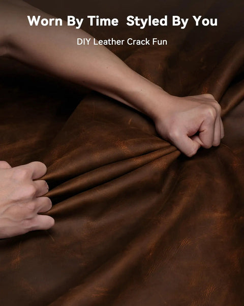Hands gripping a dark brown leather material, showcasing its flexibility and texture for DIY Leather Crack Fun applications.