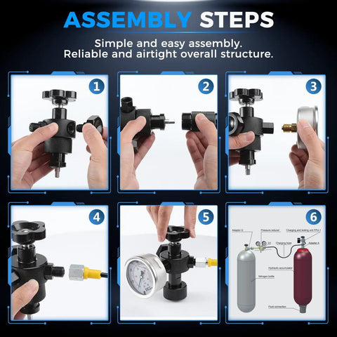 Assembly steps for Upgraded Nitrogen Charging Kit With 3 Gauges 100 To 400 Bar 1500 To 6000 PSI With CGA580 Adapter and Fittings