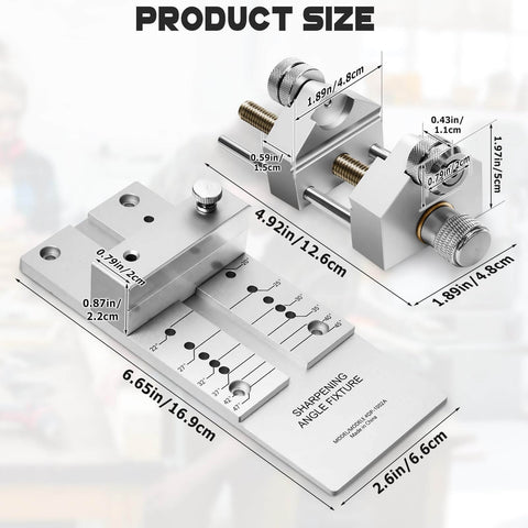Chisel Sharpening Jig With Lightweight All Metal Honing Guide System, Adjustable Angle Gauge And Fixture, Pro Grade Ultra Durable Aluminum Roller Stop, showing sizes