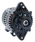 Front view of Beefed Up Marine Alternator Replacement For GM V8 Inboard Boats Fits Black Scorpion engines, black housing.