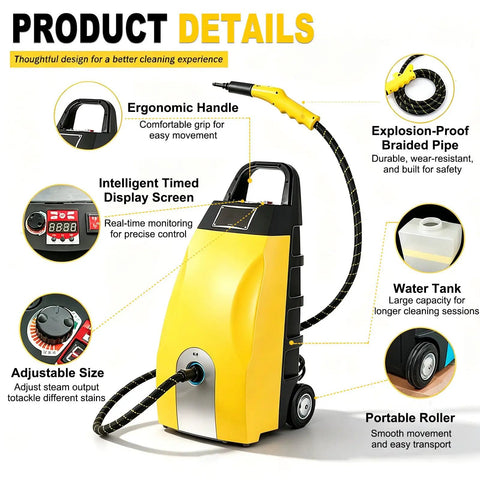 Powerful 3000W Commercial Steam Cleaner With 3.5L Tank For High Temp Deep Cleaning At 110C showing ergonomic handle and display.