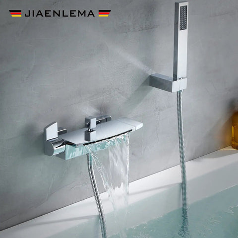Wall Mount Tub Faucet Chrome Waterfall Dope Style With Sprayer and Hand Shower Brass Tub Filler With 2 Handles Lead Free