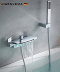 Wall Mount Waterfall Bathtub Faucet With Handheld Shower In Brushed Gold Finish, 2-Handle Brass Wall Mount Tub Filler With Sprayer