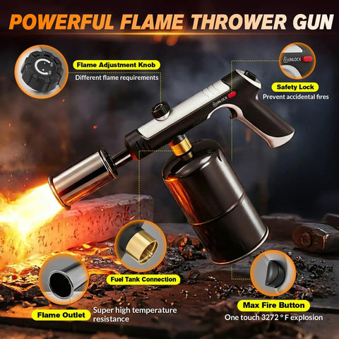 Propane Torch Gun with adjustable flame and safety lock in use for BBQ grilling, delivering 3272F high heat, black with metal nozzle.