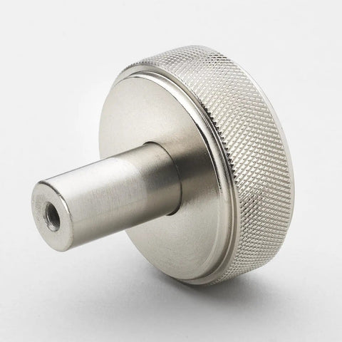 Solid Zinc 1.5 Inch Knurled Cabinet Knob In Satin Nickel Finish, side view showing textured anti-slip knurl on round pull