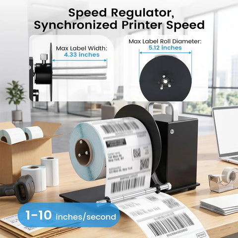 Hardcore Automatic Label Rewinder Machine Handles Coreless And Up To 1.1 Inch Cored Rolls showing labels feeding at 1-10 inches/second.