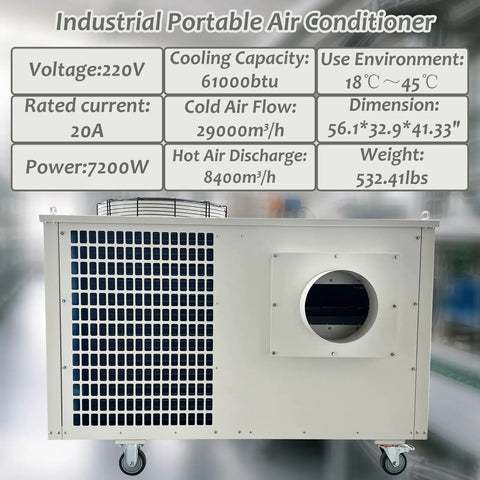 Heavy Duty Industrial Spot Cooler Packs 61K Btu Of Killer Cooling Power And 2900 Cubic Meter Per Hour Airflow For Workshops Outdoors And Warehouses With Roll Casters External Drain And Three Phase Gear To Crush Summer Heat No Hiccups, showing side view and specifications.