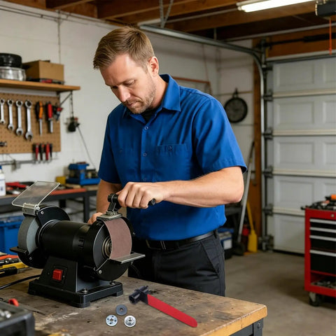 Man using Pin Wrench For Angle Grinders With Non Slip Four Claw Grip Built From 65Mn Steel Quenched For Heavy Duty Use