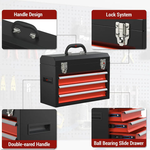 Three Drawer Portable Steel Toolbox With Locking System, Top Storage, And Drawer Liners For Easy Tool Organization, Black Red Finish