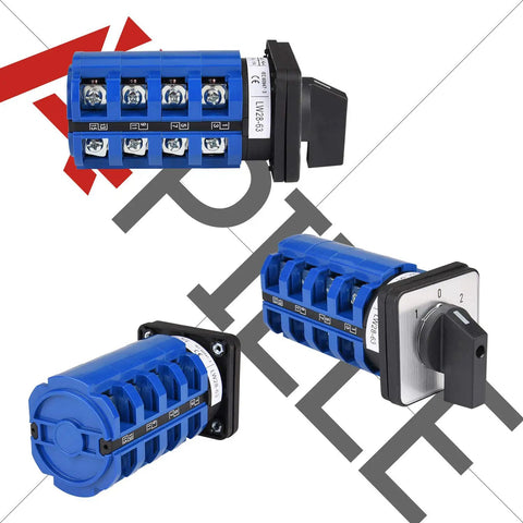 BeefedUp Three Position Latching Changeover Selector Switch 63A 440V, LW28-63/3, panel mount, 16-terminals, side view