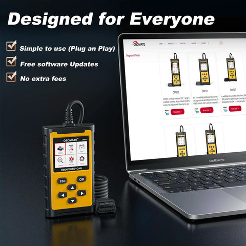OBDII Diagnostic Tool next to laptop displaying product page, shows design for 1996+ cars with wireless printing and live data graphs.