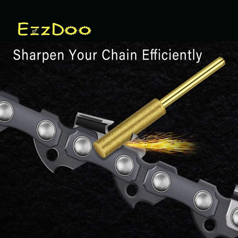 Chainsaw chain being sharpened using Titanium Coated Chainsaw Sharpener Bits Set For Electric Saws And Rotary Tools, Pro Grade High Hardness Sharpening Wheels With Copper Collet, 8 Pcs, 4.0 mm Diameter