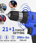 Close-up of 20V Cordless Drill Kit With Battery And Charger All In One Set 30 Nm Torque 21 Plus 1 Clutch, blue with metal drilling.