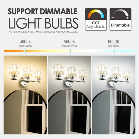 Three Light Crystal Vanity Bathroom Light Fixture, 16 Inch Chrome Over Mirror, with dimmable G9 bulbs in warm, natural, cool white.
