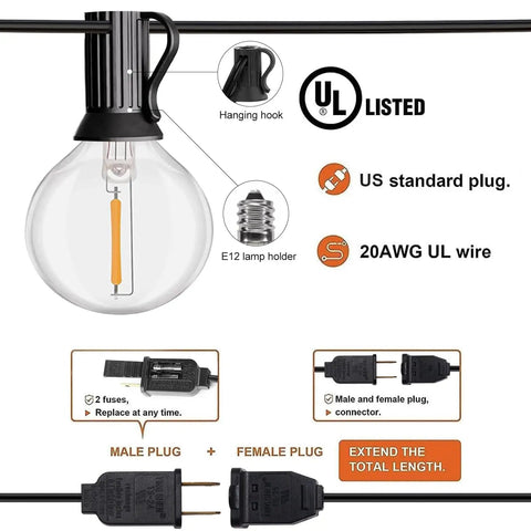 Outdoor Led String Lights 30Ft With 27 G40 Shatterproof Bulbs Waterproof Connectable Globe Lights product features