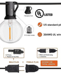Outdoor String Lights 30 Feet With Remote Dimmable Waterproof 27 Shatterproof G40 Globe Bulbs showing UL listed plugs and connectors