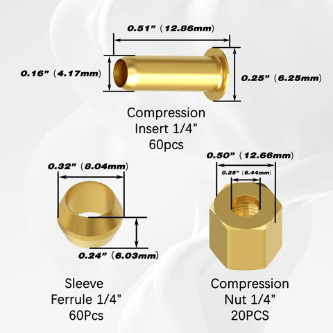 1/4 Inch Brass Compression Fittings Assortment Kit With Sleeves Ferrules Inserts And Nuts dimensions and specifications