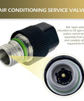 Close-up of a valve from the Air Conditioning Valve Core Kit For Cars And Trucks High And Low Pressure Pro Grade Durable Dust Cap Set R12 R134a Refrigeration Maintenance Tool Universal Fit Black.