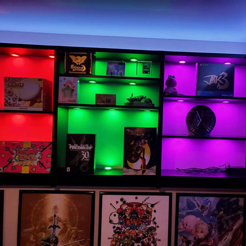 RGB Under Cabinet Lights 8 Pack App Controlled Dope Music Sync Puck Lights With Remote Plug In Or Hardwired Under Counter Lighting For Kitchen Cabinets Shelves Showcases 12V Multi Color illuminating colorful shelves