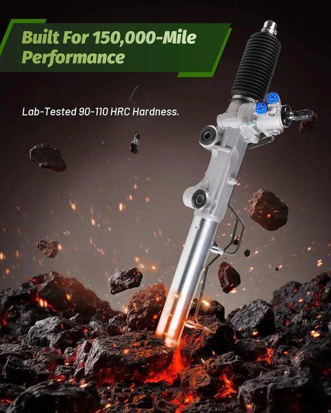 Toyota Tacoma And 4Runner Hydraulic Power Steering Rack And Pinion Assembly in fiery background showcasing durability.