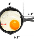 Four Pack Mini Cast Iron Skillets 4 Inch With Double Drip Spouts shown with a fried egg, nonstick finish, compact size