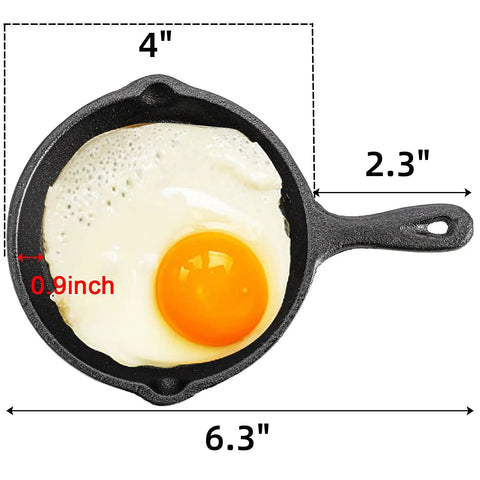 Four Pack Mini Cast Iron Skillets 4 Inch With Double Drip Spouts shown with a fried egg, nonstick finish, compact size