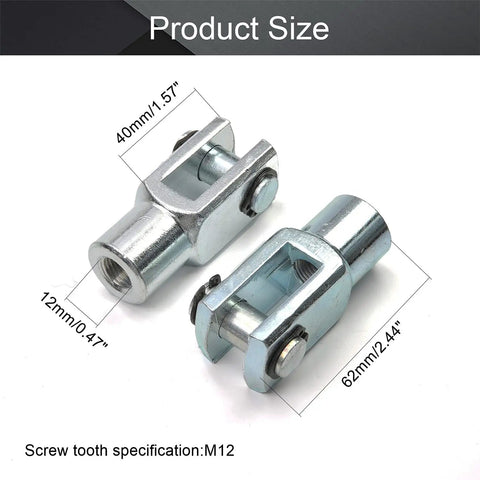 Air Cylinder Rod Clevis End Y Connector 62mm Length M12x1.25 Female Thread Two Pack Iron Silver Clevis Joint For Pneumatic Systems 40mm Bore 12mm Inner Distance, product size view