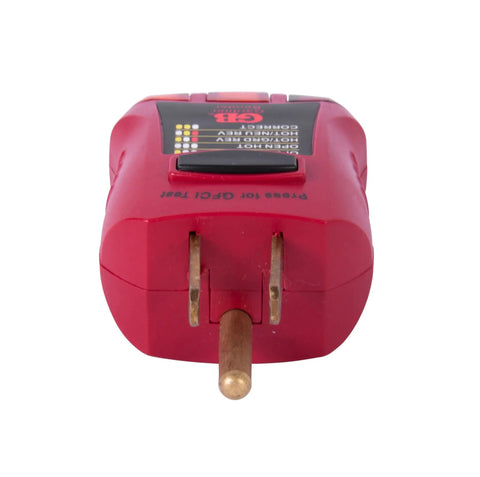 Front view of GFCI outlet tester, part of Two Piece Electrical Safety Kit With Non Contact Voltage Tester And GFCI Outlet Tester For Home Or Job Site Detects 50 To 600 Volts With Visual And Audible Alerts Pocket Clip Contoured Grip And Shows Five Wiring Errors in red casing.