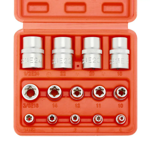 Heavy Duty Female E Torx Socket Set E4 To E24 With One Quarter Three Eighths And One Half Inch Drives in orange case