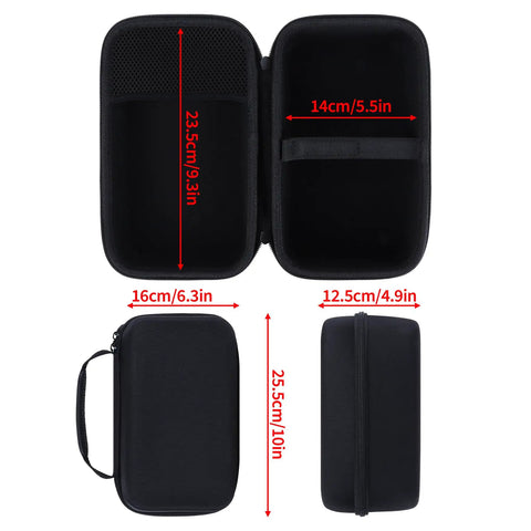 Open Rugged Hard Shell Case For Solix C300 DC Power Bank Station showing mesh pocket and built-in straps, dimensions labeled