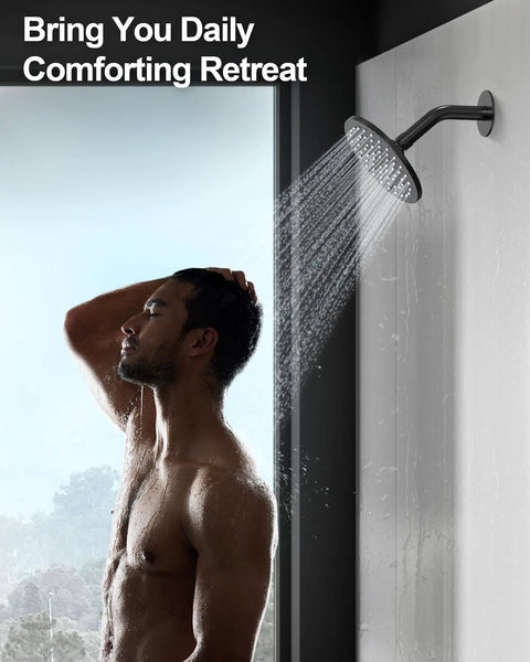 Man enjoying water from GRANDJOY Dual Rainfall Shower System, 3-Function, Matte Black, with rainfall head.
