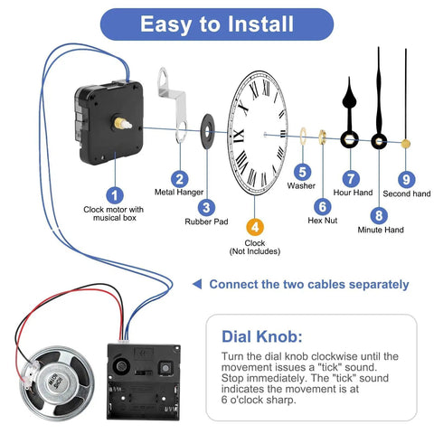 Chiming Clock Movement Replacement Kit With Battery Motor, chime melody trigger, and 3 hand sets assembly instructions.