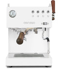 Front view of Dual Thermoblock Espresso Machine With PID Programmable Volumetric Control Walnut Joystick Steam Wand And Precision Shower Screen 120V White Finish For Pro Style Home Barista Boss.