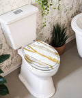 Round Resin Toilet Seat for Bathroom with marble design placed on a white toilet in modern bathroom setting.