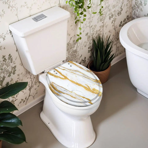 Round Resin Toilet Seat for Bathroom with marble design placed on a white toilet in modern bathroom setting.