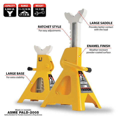Rock Solid Three Ton Heavy Duty Ratchet Jack Stands Two Pack With Quick Adjustments And Six Thousand Pound Capacity For No Sweat Garage Upkeep And Bulletproof Vehicle Support