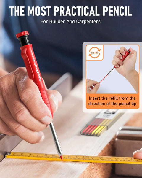 Close-up of Top Shelf Mechanical Carpenter Pencils With 16 Hefty Tips And Deep Hole Markers Plus 42 Bright Lead Refills and scribe tool in use.