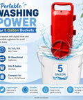 Portable 5 Gallon Mini Clothes Washer With Digital Timer And Quick Turn Spin Action, red washer on bucket with water splashes.