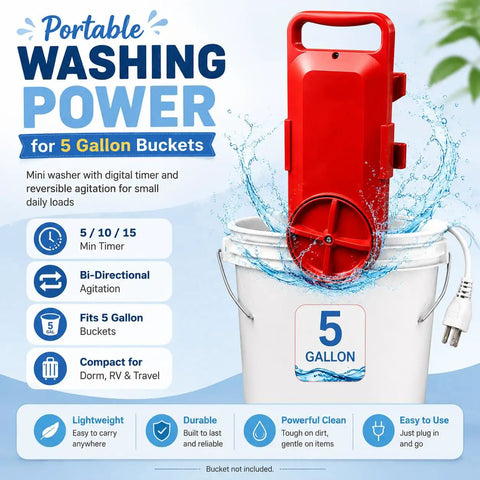 Portable 5 Gallon Mini Clothes Washer With Digital Timer And Quick Turn Spin Action, red washer on bucket with water splashes.