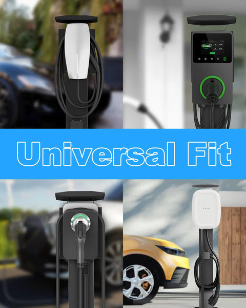 All Weather Rated Outdoor Electric Charger Pedestal Stand with Level 2 unit, matte black galvanized steel, universal fit for EV.
