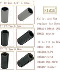 Assorted collet and nut sleeves for DeWalt DW6214 DW616 DW618 DW621 routers, shown with size specifications, featuring durable construction.