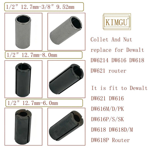 Assorted collet and nut sleeves for DeWalt DW6214 DW616 DW618 DW621 routers, shown with size specifications, featuring durable construction.