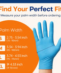Size chart for Nitrile Exam Gloves 3.5 Mil Thick Powder Free Latex Free Food Safe Disposable Gloves, palm width measurements.