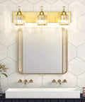 Gold Crystal Vanity Light for Bathroom with 3 modern dimmable lights and E26 socket, mounted above a mirror, premium gold finish